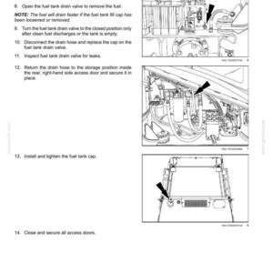 Peut inclure: Sch&eacute;ma technique avec des fl&egrave;ches pointant vers divers composants. Le sch&eacute;ma comprend des instructions pour l'entretien du r&eacute;servoir de carburant, y compris le retrait du bouchon, le raccordement du tuyau de vidange et l'inspection des fuites. Illustration en noir et blanc.