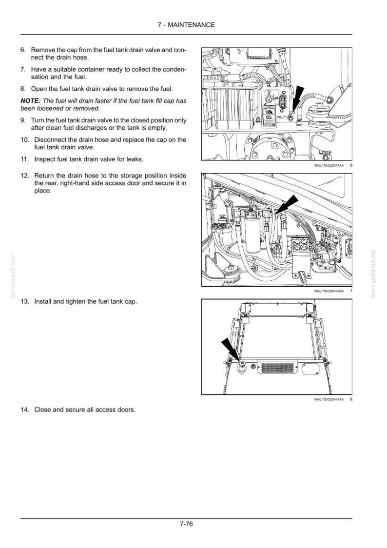 Peut inclure: Sch&eacute;ma technique avec des fl&egrave;ches pointant vers divers composants. Le sch&eacute;ma comprend des instructions pour l'entretien du r&eacute;servoir de carburant, y compris le retrait du bouchon, le raccordement du tuyau de vidange et l'inspection des fuites. Illustration en noir et blanc.