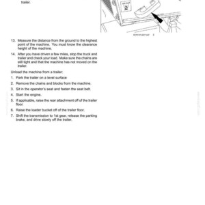 May include: Diagram from a manual detailing transport operations. The image includes text instructions on securing a machine to a trailer, measuring clearance, and unloading the machine. A detailed illustration of a machine component is also present.