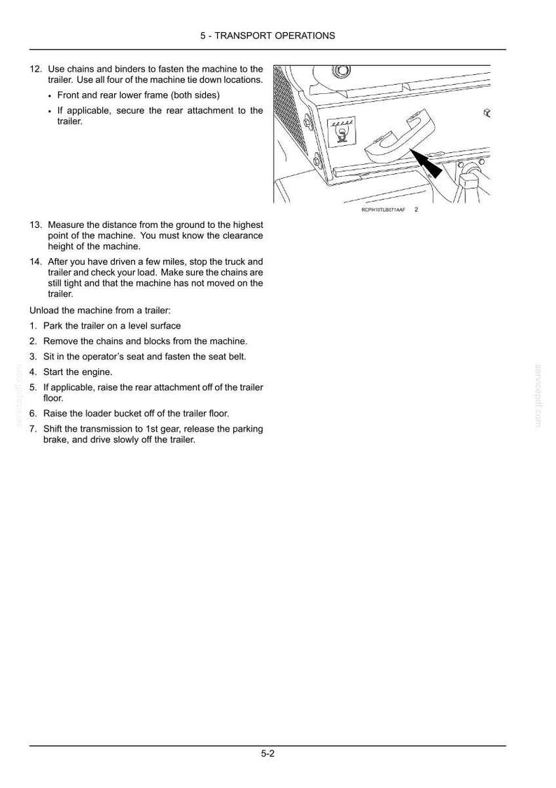 May include: Diagram from a manual detailing transport operations. The image includes text instructions on securing a machine to a trailer, measuring clearance, and unloading the machine. A detailed illustration of a machine component is also present.