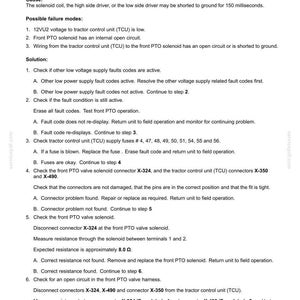 May include: A technical document detailing fault codes for an electrical system. The document, titled "8004-Front PTO solenoid open circuit or short circuit to ground, or AD12VU2 voltage is low," provides troubleshooting steps and solutions for the issue.