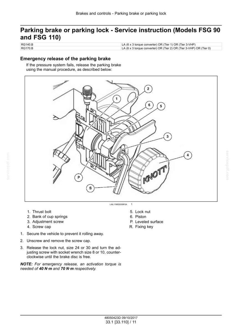 May include: Diagram of a parking brake or parking lock service instruction, with labeled parts including a thrust bolt, lock nut, and screw cap. The image includes the text "KNOTT" on a component.