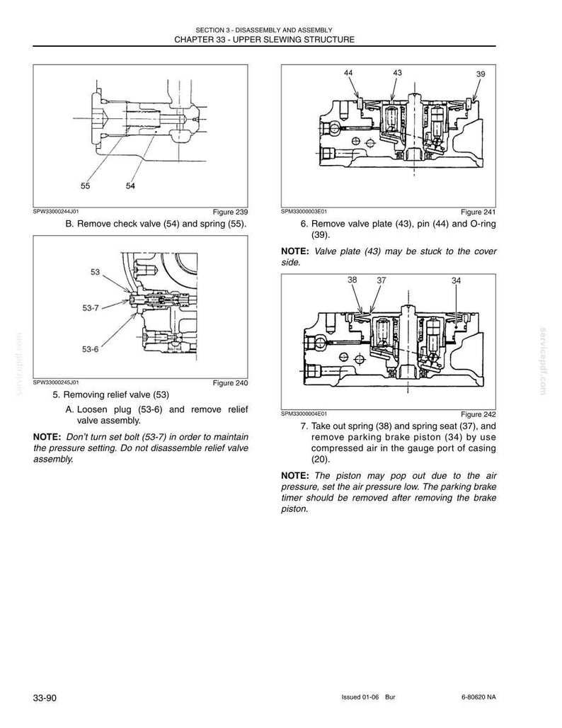 May include: A technical manual page titled Section 3 - Disassembly and Assembly Chapter 33 - Upper Slewing Structure. It contains four black and white line drawings labeled Figure 239, 240, 241, and 242, showing mechanical components with numbered parts.