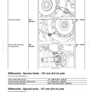 May include: Diagram of a rear axle system with a bevel gear set and differential. The image includes detailed illustrations of components like retainers and mounting bolts, along with torque specifications in lb-ft/in and N&middot;m. Service limits are provided for a 127 mm (5.0 in) axle.