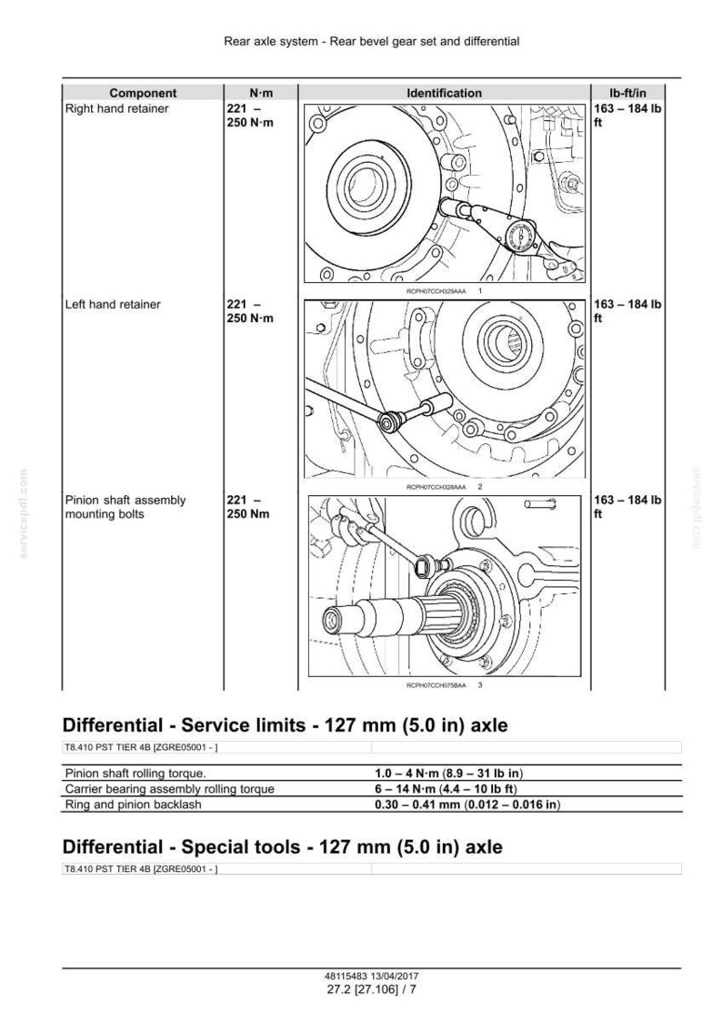 May include: Diagram of a rear axle system with a bevel gear set and differential. The image includes detailed illustrations of components like retainers and mounting bolts, along with torque specifications in lb-ft/in and N&middot;m. Service limits are provided for a 127 mm (5.0 in) axle.