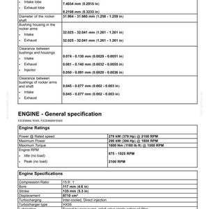 May include: Detailed engine specifications chart with measurements in inches and horsepower. Includes engine ratings, compression ratio, bore, stroke, displacement, turbocharging details, and lubrication information. The text also includes engine RPM.