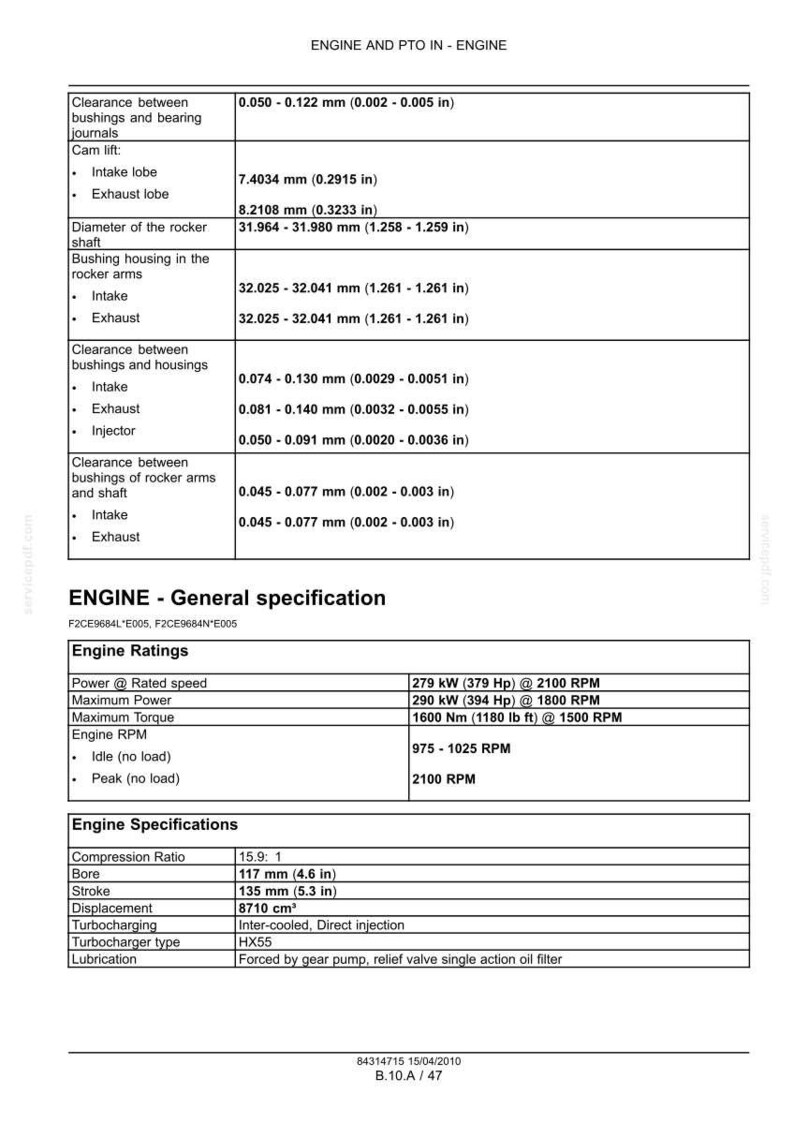 May include: Detailed engine specifications chart with measurements in inches and horsepower. Includes engine ratings, compression ratio, bore, stroke, displacement, turbocharging details, and lubrication information. The text also includes engine RPM.