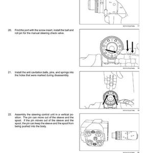 May include: Diagram illustrating hydraulic control components, such as a sleeve, spool, and drive shaft. Instructions detail aligning holes, installing pins, and assembling the steering control unit. Text includes "Steering - Hydraulic control components".