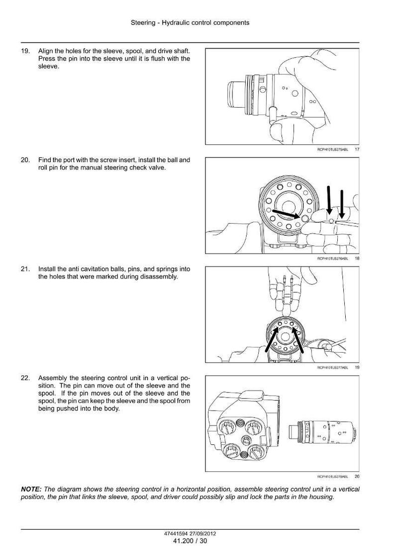 May include: Diagram illustrating hydraulic control components, such as a sleeve, spool, and drive shaft. Instructions detail aligning holes, installing pins, and assembling the steering control unit. Text includes "Steering - Hydraulic control components".