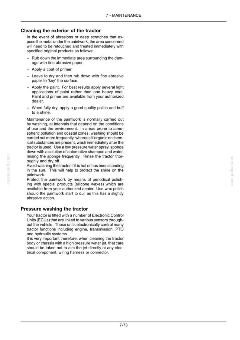 May include: A page from a technical manual titled 7 - MAINTENANCE, detailing instructions for cleaning the exterior of a tractor, including paintwork repair, washing procedures, and precautions for pressure washing near electronic control units.