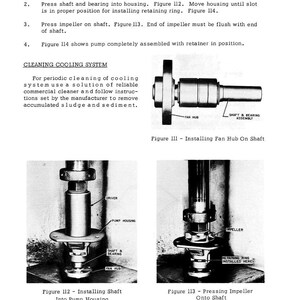 May include: Technical diagram illustrating the assembly of a water pump. The image includes detailed instructions and diagrams for installing the fan hub, shaft, bearing, and impeller. The text also includes instructions for cleaning the cooling system.