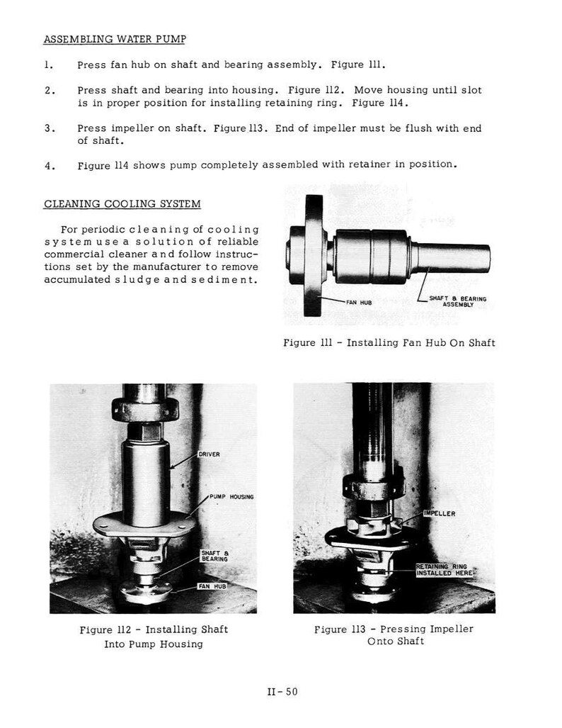 May include: Technical diagram illustrating the assembly of a water pump. The image includes detailed instructions and diagrams for installing the fan hub, shaft, bearing, and impeller. The text also includes instructions for cleaning the cooling system.