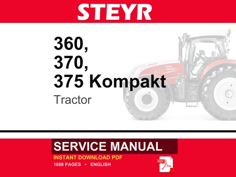 May include: A service manual for the Steyr 360, 370, and 375 Kompakt tractor. The document cover features the brand name STEYR in white text on a red background, the model numbers, and a partial image of a red tractor. It is an instant download PDF.