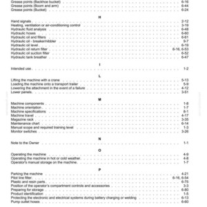 May include: A detailed page from a manual, featuring a table of contents with various sections like "Hydraulic oil and filters," "Machine specifications," and "Operating the machine." The text is black on a white background.