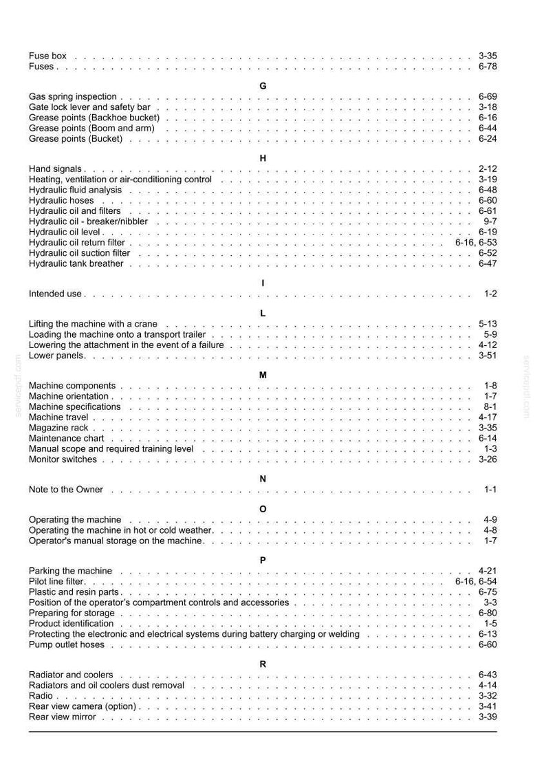 May include: A detailed page from a manual, featuring a table of contents with various sections like "Hydraulic oil and filters," "Machine specifications," and "Operating the machine." The text is black on a white background.
