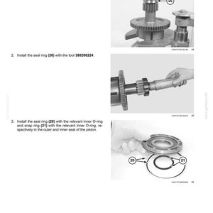 May include: Diagram of powershift transmission internal components. Instructions include installing bearings, seal rings, and snap rings. The image shows detailed views of the assembly process, with numbered components and tools.