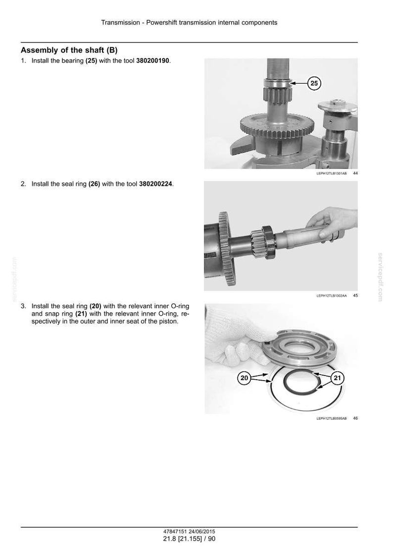May include: Diagram of powershift transmission internal components. Instructions include installing bearings, seal rings, and snap rings. The image shows detailed views of the assembly process, with numbered components and tools.