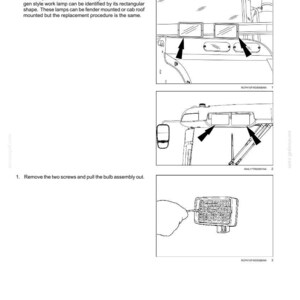 Pu&ograve; includere: Una pagina di manuale tecnico intitolata 7-MAINTENANCE Flood and work lamps, con diagrammi di lampade alogene rettangolari. Le illustrazioni mostrano il posizionamento delle lampade su un veicolo e un'istruzione per rimuovere due viti.