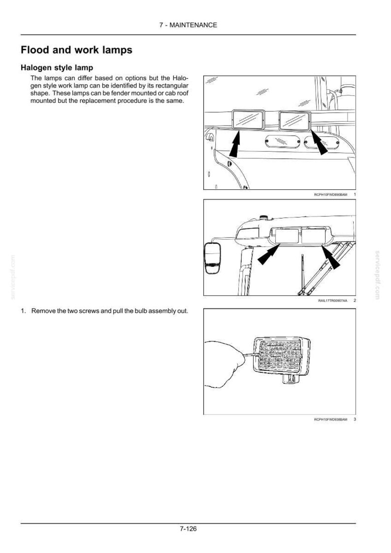 Pu&ograve; includere: Una pagina di manuale tecnico intitolata 7-MAINTENANCE Flood and work lamps, con diagrammi di lampade alogene rettangolari. Le illustrazioni mostrano il posizionamento delle lampade su un veicolo e un'istruzione per rimuovere due viti.
