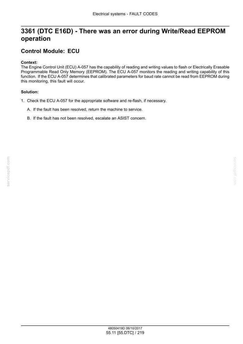 May include: A white document with black text detailing fault codes for electrical systems. The text includes "3361 (DTC E16D) - There was an error during Write/Read EEPROM operation" and instructions for troubleshooting.