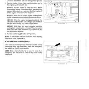 May include: Diagram of a vehicle's dashboard with instructions on stopping the engine. The image includes numbered steps, diagrams of the throttle and starter key, and a note about an emergency stop switch.