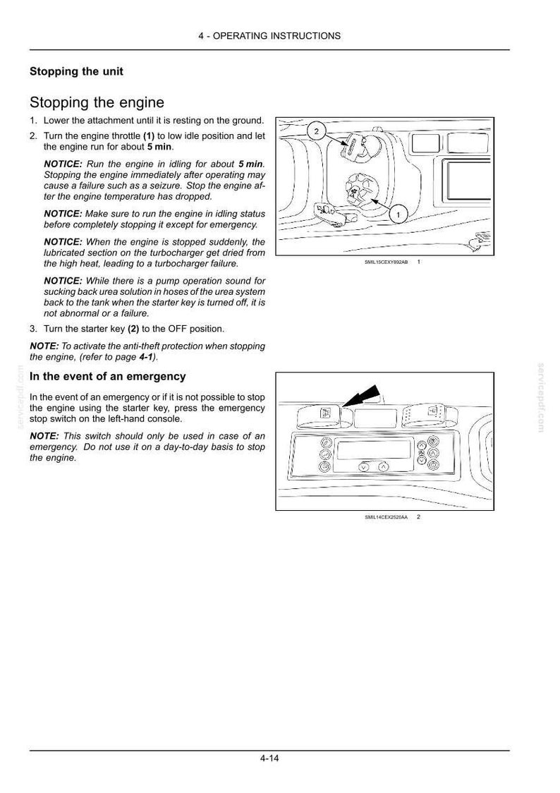 May include: Diagram of a vehicle's dashboard with instructions on stopping the engine. The image includes numbered steps, diagrams of the throttle and starter key, and a note about an emergency stop switch.