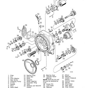 May include: An exploded diagram of a torque converter housing assembly, labeled with part numbers. Includes a filter, gears, bearings, and various other mechanical components. The diagram is in black and white.
