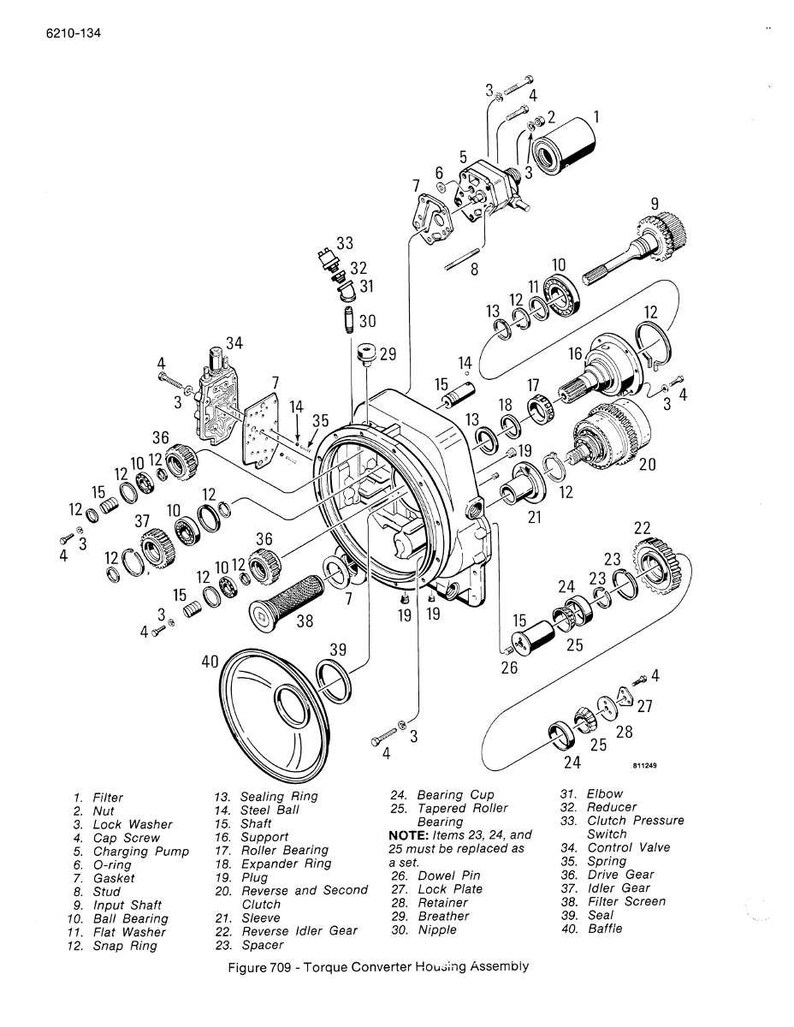 May include: An exploded diagram of a torque converter housing assembly, labeled with part numbers. Includes a filter, gears, bearings, and various other mechanical components. The diagram is in black and white.