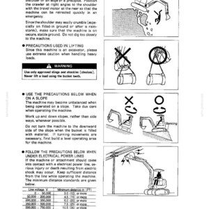 May include: A black and white technical manual page titled SAFETY OPERATION, featuring diagrams of an excavator. It illustrates hazards like slope instability, improper lifting techniques, turning on inclines, and electrical power line contact risks.