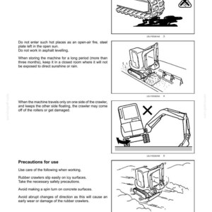 May include: Black and white diagrams illustrating working operations for heavy machinery. The images depict potential hazards and safety precautions, including contact with oil, sun exposure, and icy surfaces. Text provides instructions.