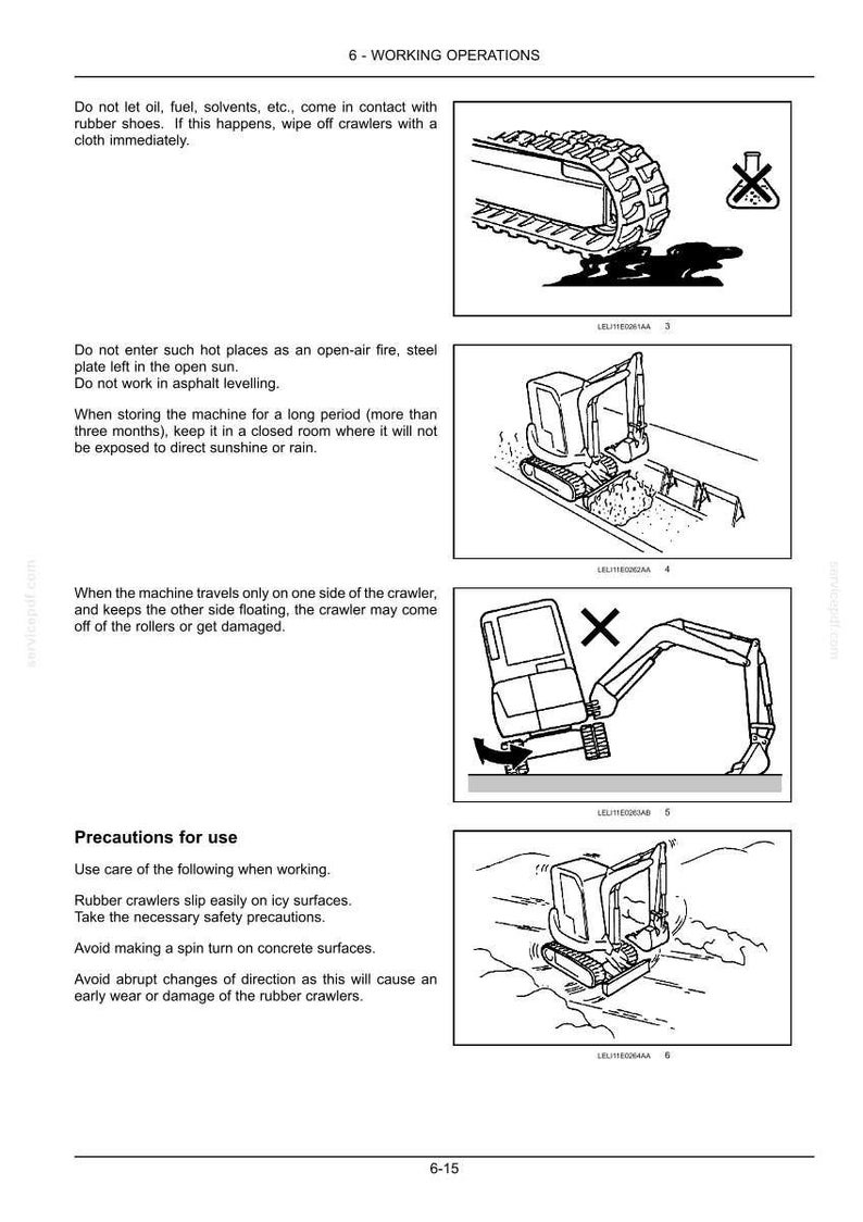 May include: Black and white diagrams illustrating working operations for heavy machinery. The images depict potential hazards and safety precautions, including contact with oil, sun exposure, and icy surfaces. Text provides instructions.