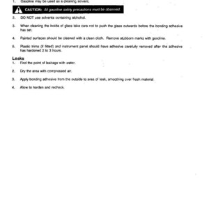 May include: A printed document titled "General Glass Cleaning and Testing." The document includes instructions for cleaning glass, with warnings about using gasoline and solvents. It also provides steps for addressing leaks, including finding the leak, drying the area, and applying adhesive.
