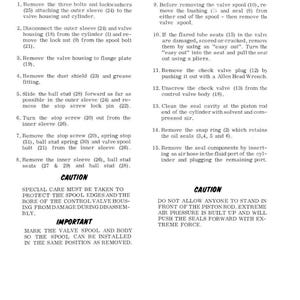 May include: A detailed technical diagram titled "STEERING CYLINDER" with disassembly instructions. The text includes numbered steps, warnings, and diagrams for maintenance and repair. The page is white with black text.