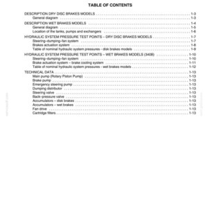 Może przedstawiać: Strona z instrukcji zatytułowanej "Układ hydrauliczny" ze spisem treści. Dokument wymienia tematy takie jak suche hamulce tarczowe, hamulce mokre i punkty kontrolne ciśnienia. Dokument pochodzi z czerwca 2008 r.