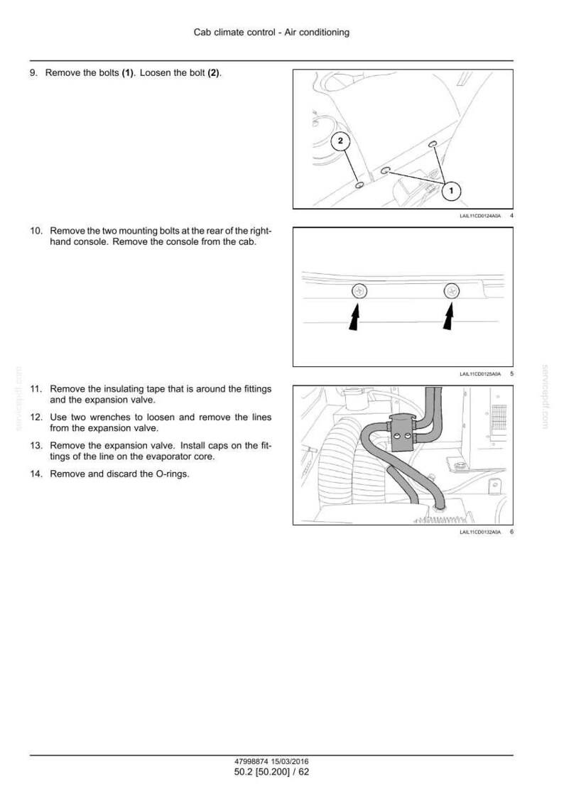 May include: Diagram from a service manual detailing air conditioning system removal. The image shows steps for removing bolts, loosening lines, and removing the expansion valve. Text includes instructions and part numbers.