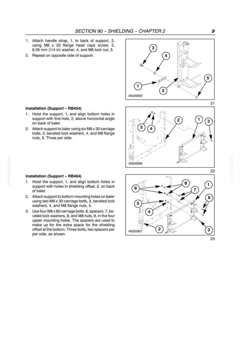 May include: Diagram of a shielding assembly with numbered parts, including bolts, washers, and nuts. Instructions detail the installation process, with measurements in inches and fractions of an inch.