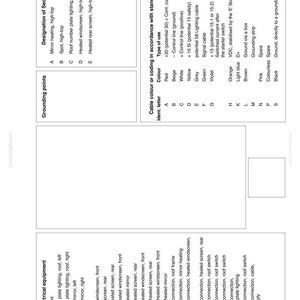 May include: A technical document page titled 4001-39 containing tables for Designation of Sections, Grounding points, Cable colour or coding in accordance with standard 05449, and Electrical equipment with lists of components and wiring codes.