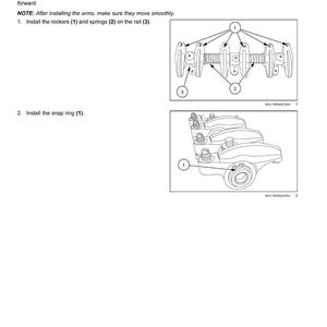 May include: Diagram of an engine's rocker support assembly, with labels for rockers, springs, and snap rings. Instructions include installing rockers and springs on a rail, and installing a snap ring. Text includes "Engine - Valve drive and gears."