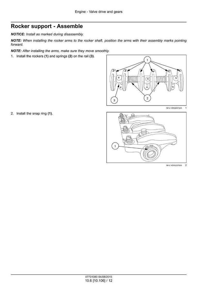 May include: Diagram of an engine's rocker support assembly, with labels for rockers, springs, and snap rings. Instructions include installing rockers and springs on a rail, and installing a snap ring. Text includes "Engine - Valve drive and gears."