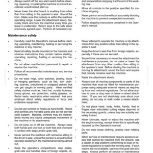 Puede incluir: Una p&aacute;gina de documento en blanco y negro titulada 2-SAFETY INFORMATION, que contiene dos columnas de texto con vi&ntilde;etas que detallan los protocolos de seguridad para operar y mantener maquinaria pesada, incluyendo normas de estacionamiento y vestimenta.