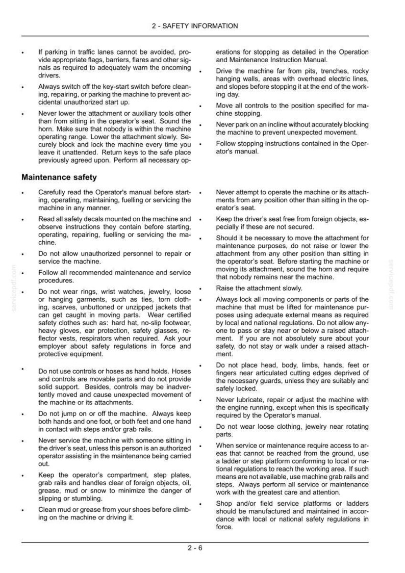 Puede incluir: Una p&aacute;gina de documento en blanco y negro titulada 2-SAFETY INFORMATION, que contiene dos columnas de texto con vi&ntilde;etas que detallan los protocolos de seguridad para operar y mantener maquinaria pesada, incluyendo normas de estacionamiento y vestimenta.
