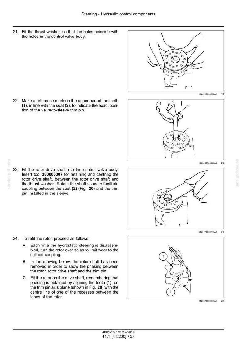 May include: Diagram showing hydraulic control components with instructions. Includes illustrations of fitting parts, marking teeth, and refitting the rotor. Text includes tool numbers and part names.