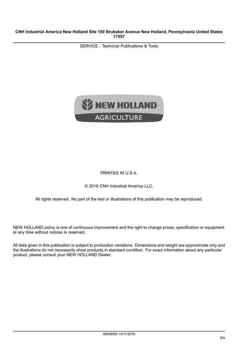 May include: A white document with the "NEW HOLLAND AGRICULTURE" logo, a gray oval with a leaf design. Text includes "Printed in U.S.A." and copyright information for CNH Industrial America LLC.