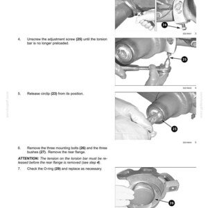 May include: A technical manual page for a powered front axle system, featuring four black and white instructional photographs. The images show mechanical steps including loosening mounting bolts 26, adjusting screw 25, removing circlip 23, and checking O-ring 29, accompanied by numbered text instructions.