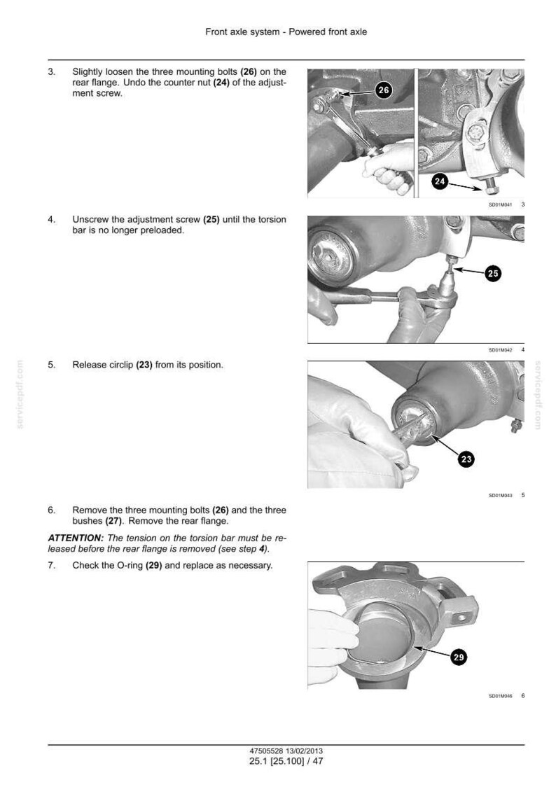 May include: A technical manual page for a powered front axle system, featuring four black and white instructional photographs. The images show mechanical steps including loosening mounting bolts 26, adjusting screw 25, removing circlip 23, and checking O-ring 29, accompanied by numbered text instructions.