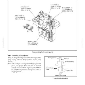 May include: Diagram of a fuel injection pump with torque specifications in Newton-meters and pound-feet. The image includes a detailed illustration of the pump's components, including the plunger barrel, pump housing, and knock pin. Text explains the reassembly process.