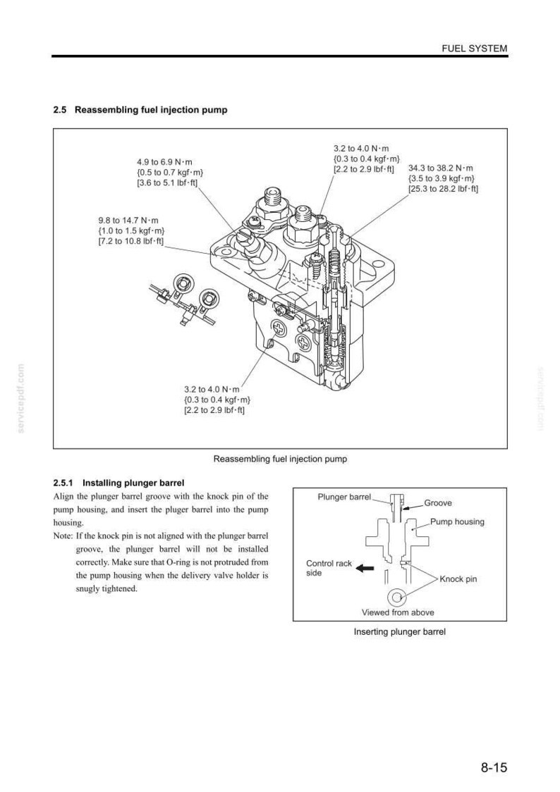 May include: Diagram of a fuel injection pump with torque specifications in Newton-meters and pound-feet. The image includes a detailed illustration of the pump's components, including the plunger barrel, pump housing, and knock pin. Text explains the reassembly process.