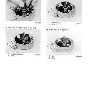 May include: A series of four technical diagrams illustrating the assembly of a mechanical component. The diagrams show the installation of springs, washers, and a nut onto a stud. Each step is labeled with numbered instructions and component names.