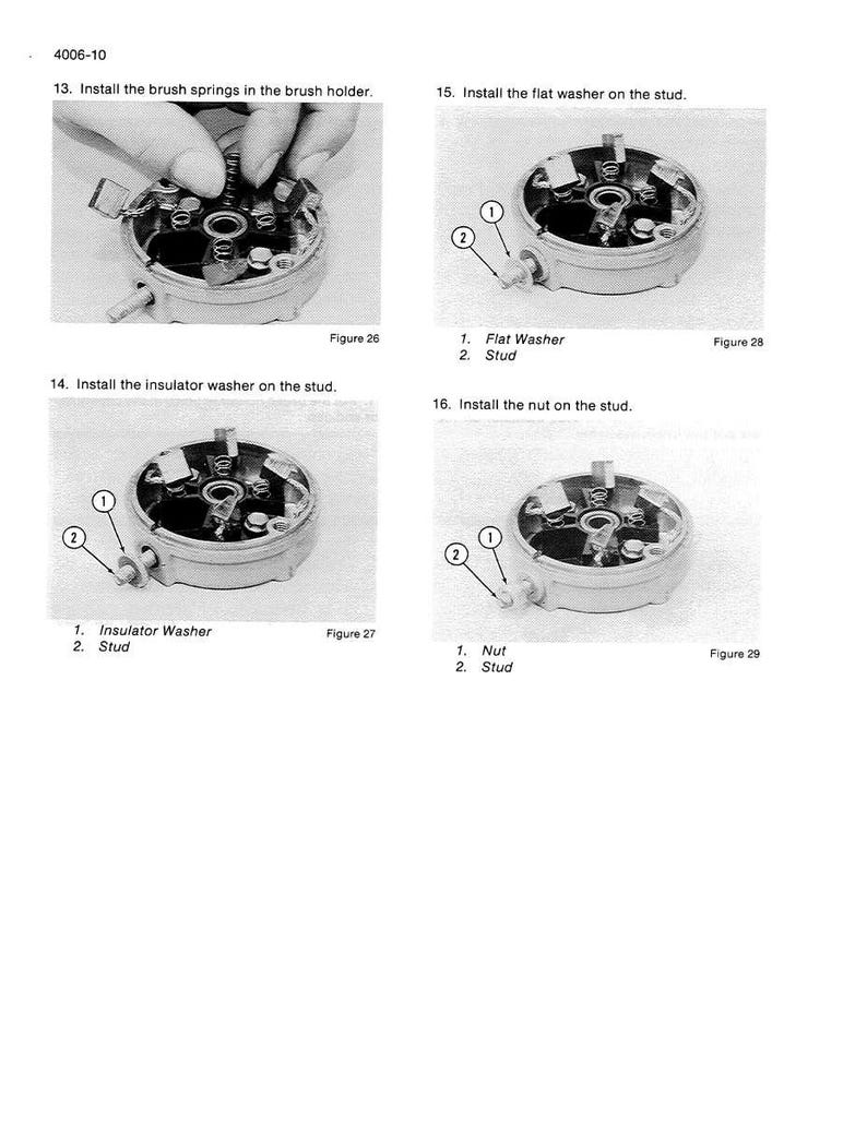 May include: A series of four technical diagrams illustrating the assembly of a mechanical component. The diagrams show the installation of springs, washers, and a nut onto a stud. Each step is labeled with numbered instructions and component names.