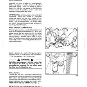 May include: A technical manual page titled Section 10 - Engine - Chapter 1, detailing diesel fuel storage and system components. It includes text instructions, warnings, and two black-and-white line drawings with numbered labels identifying engine parts.